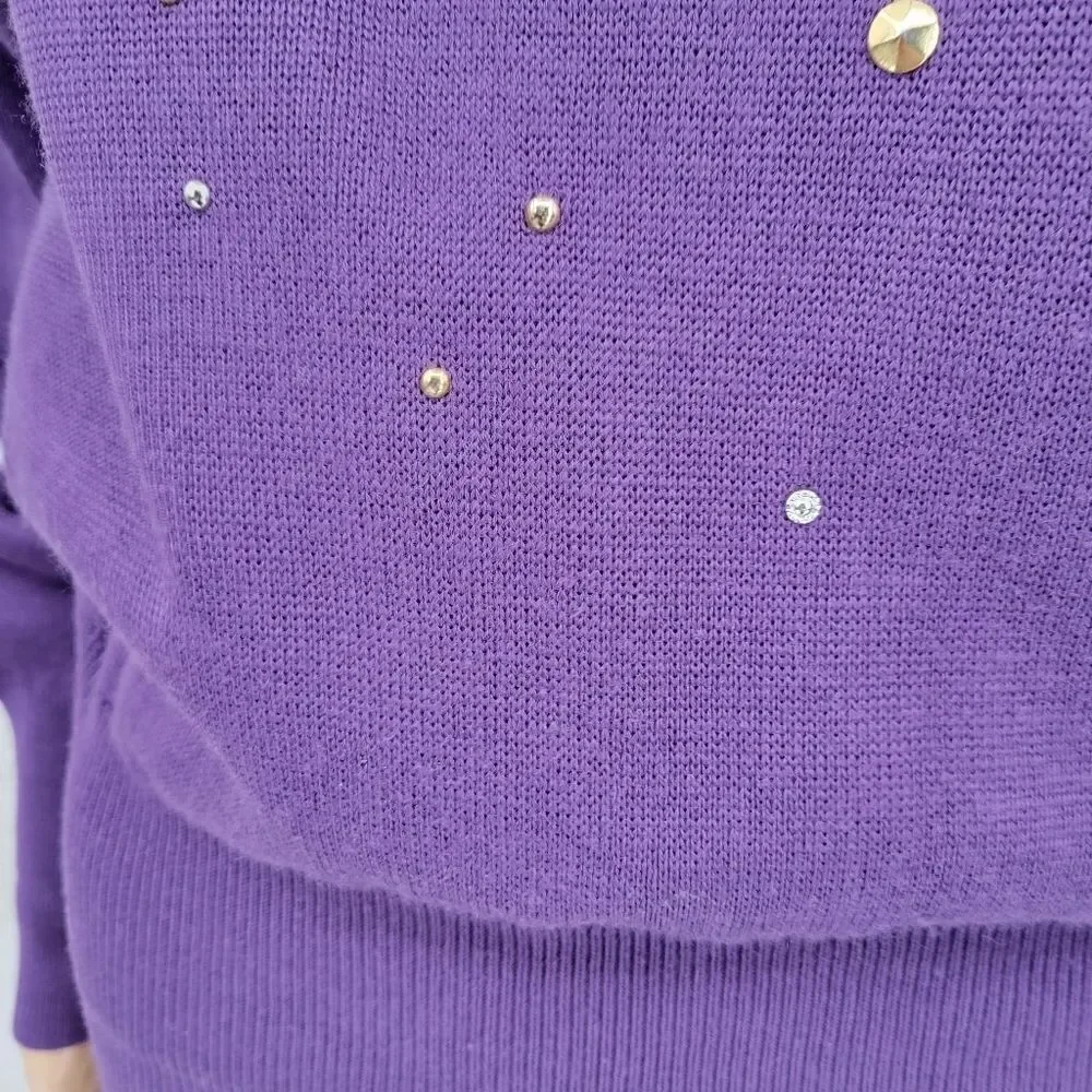 Kaelin 80s Purple Embellished Turtleneck Sweater Cinched Waist Vintage Women's